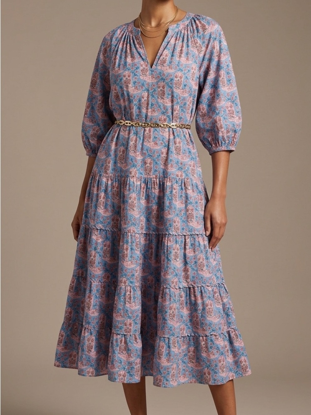 Printfresh Blue Pink Cowboy Boot Floral Organic Cotton Tiered‎ Midi Dress Small
